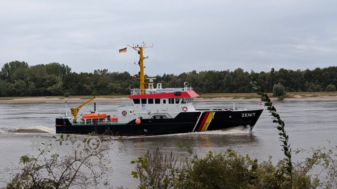 Schwarz-gelbes Schiff auf einem Fluss, umgeben von grüner Ufervegetation.