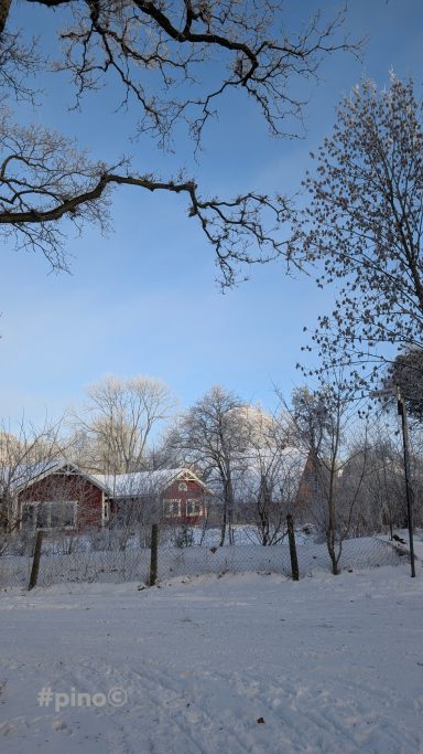 Redes Haus umgeben von Schnee, mit Bäumen und blauem Himmel im Hintergrund.