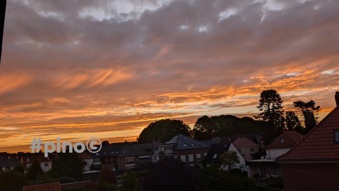 Bunte Abenddämmerung mit orangefarbenem Himmel über Häusern und Bäumen.