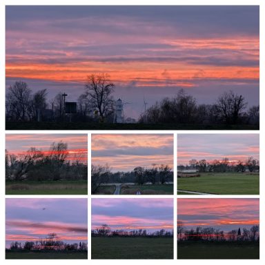 Bunt gefärbter Sonnenuntergang über einer Landschaft mit Bäumen und entferntem Stadtbild.