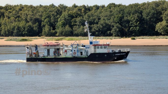 Ein Schiff fährt auf einem Fluss, umgeben von Bäumen am Ufer.