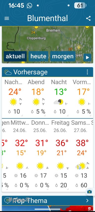Wettervorhersage für Blumenhall mit Temperaturen von 24°C bis 38°C und Sonnenicons.