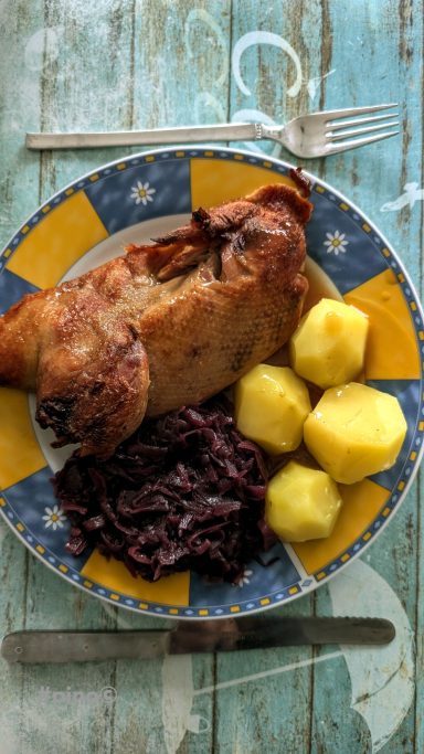 Krustiges Fleischgericht mit Rotkohl und Kartoffeln auf buntem Teller.