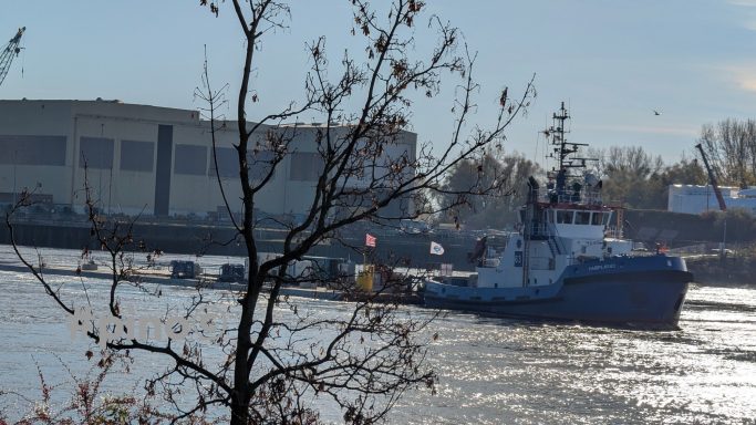 Ein Schlepperboot fährt auf einem Fluss, umgeben von Bäumen und einem Industriegebäude.