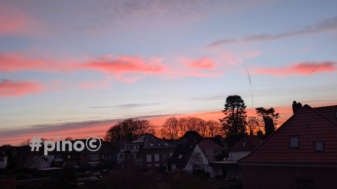 Sonnenuntergang mit rosa Wolken über einem Wohngebiet, tiefstehende Bäume im Hintergrund.