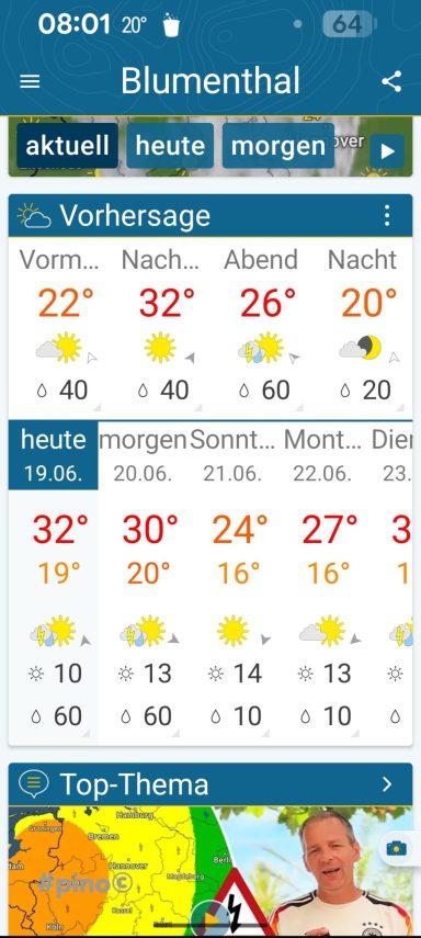 Wettervorhersage für Blumenthal mit Temperaturen und Wetterbedingungen für heute.