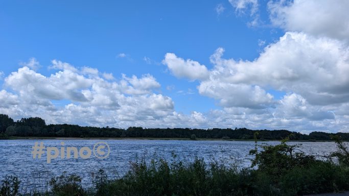 Ein ruhiger See umgeben von Bäumen und bewölktem Himmel.