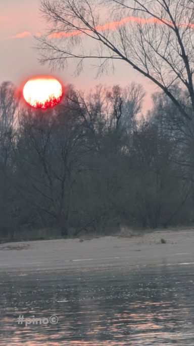 Sonnenuntergang über einem ruhigen Fluss, umgeben von Bäumen und silouettierter Landschaft.