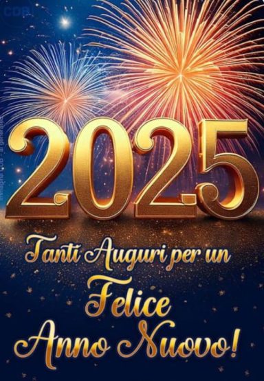 Goldene Zahlen "2025" mit Feierlichkeiten und dem Text "Feliz Anno Nuovo!" in buntem Hintergrund.