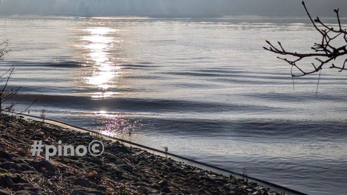 Der Sonnenlichte reflektiert auf der glatten Wasseroberfläche eines Flusses.
