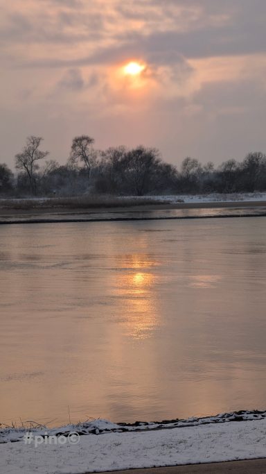 Sonnenuntergang über einem ruhigen Gewässer mit sanften Wolken und Bäumen im Hintergrund.