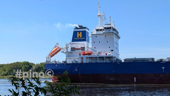 Großes Frachtschiff mit blauer Farbe und orangefarbenen Kränen auf ruhigem Wasser.