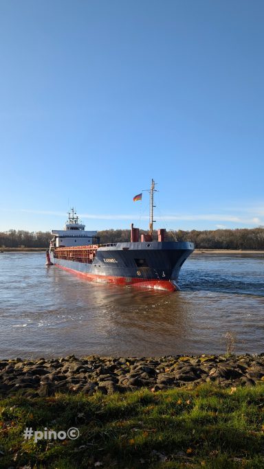 Ein Frachtschiff fährt auf einem ruhigen Fluss unter blauem Himmel.
