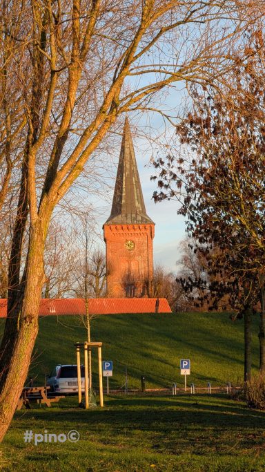 Historischer Kirchturm mit spitzem Dach, umgeben von Bäumen und Wiese.