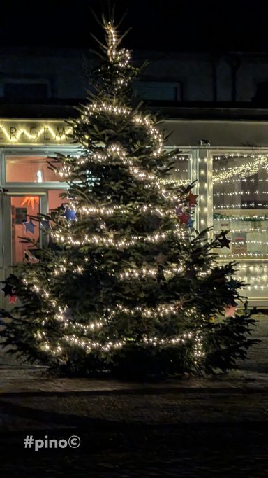Ein festlich dekorierter Weihnachtsbaum mit Lichtern vor einem Geschäft.