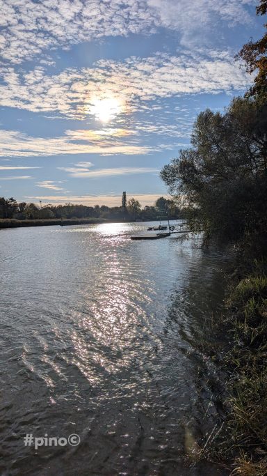 Sonnenreflexion auf einem Fluss, umgeben von Bäumen und einer Stadtansicht im Hintergrund.