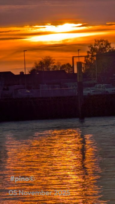 Sonnenuntergang über dem Wasser mit reflektierenden Farbtönen und Silhouetten von Bäumen.