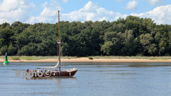 Ein Segelboot fährt auf ruhigem Wasser, umgeben von grüner Ufervegetation.