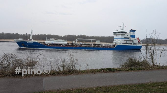 Ein blaues Frachtschiff fährt auf einem ruhigen Gewässer vorbei, umgeben von Bäumen.