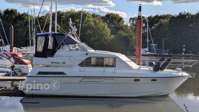 Ein weißes Motorschiff im Hafen, umgeben von weiteren Booten und grüner Uferlandschaft.