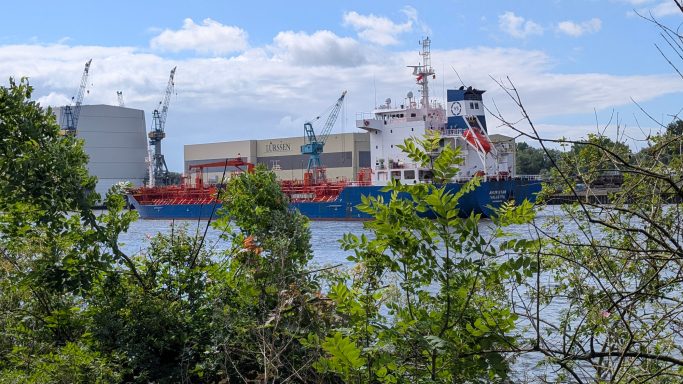 Ein Frachtschiff im Hafen, umgeben von Bäumen und Industriegebäuden.
