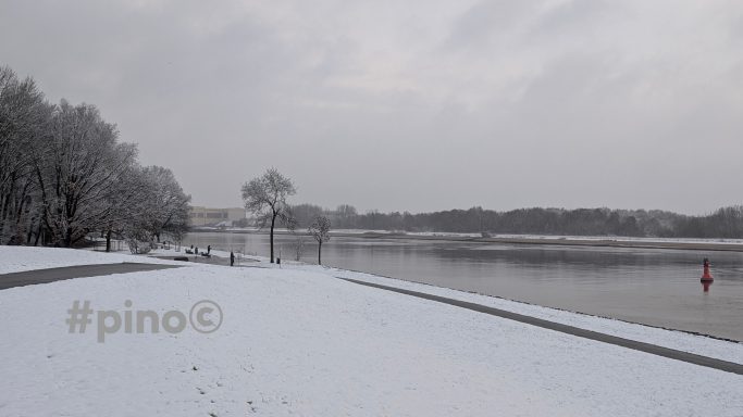 Schneebedeckte Landschaft mit einem ruhigen See und Bäumen im Hintergrund.