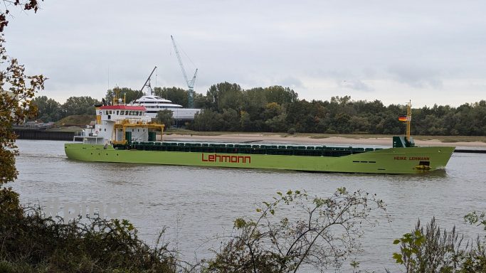 Grünes Frachtschiff fährt auf einem Fluss, umgeben von Bäumen und einem bewölkten Himmel.