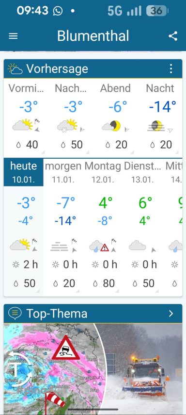 Wettervorhersage für Blumenthal mit Temperaturen und Wetterbedingungen.