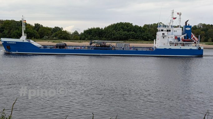 Ein großes blaues Frachtschiff fährt auf einem ruhigen Fluss.