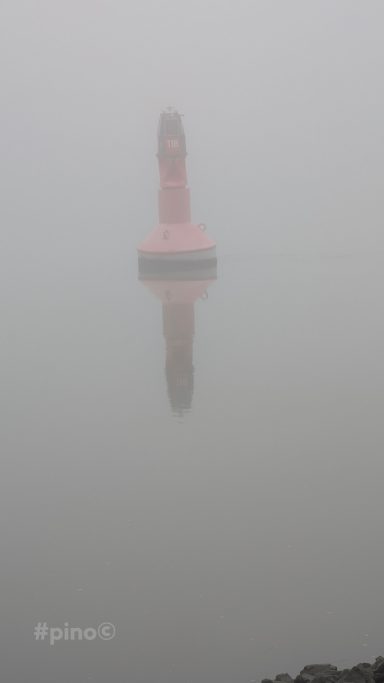 Schwimmende rote Boje im Nebel mit spiegelndem Reflexion im Wasser.