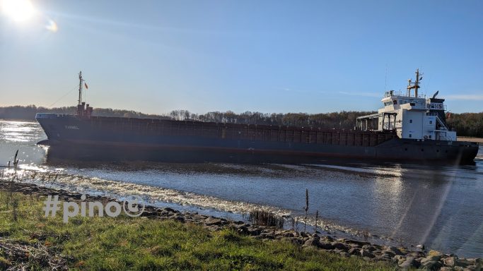 Ein großes Frachtschiff fährt auf einem ruhigen Wasserweg, umgeben von Landschaft.