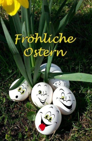 Lächelnde Ostereier zwischen grünen Pflanzen mit dem Text "Fröhliche Ostern".