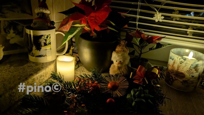 Kerzenlicht und Weihnachtsdekoration mit Pflanzen und Figuren auf einem Tisch.