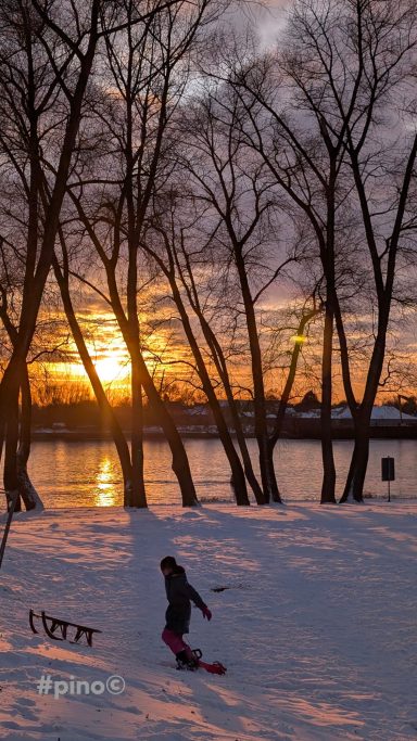 Sonnenuntergang hinter Bäumen, eine Person spielt im Schnee am Ufer.