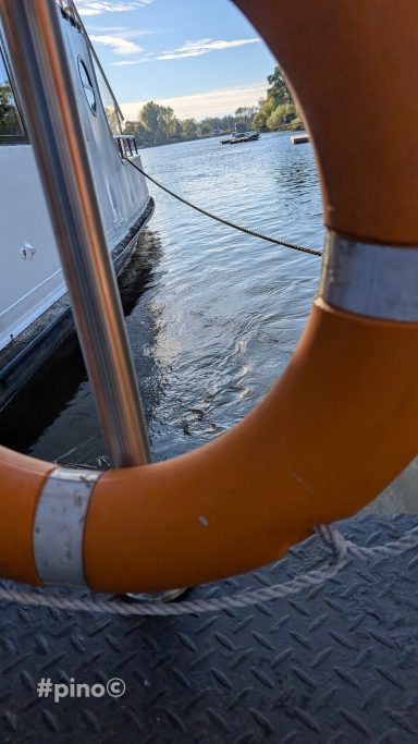 Orangenes Rettungsringrahmen mit Blick auf Wasser und Boote im Hintergrund.