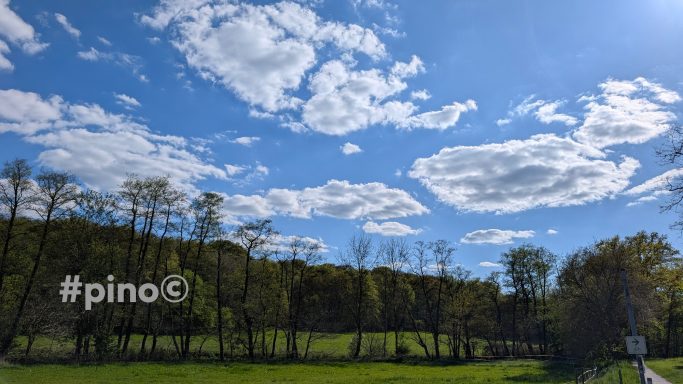 Himmel mit weißen Wolken über grünen Wiesen und Bäumen im Hintergrund.