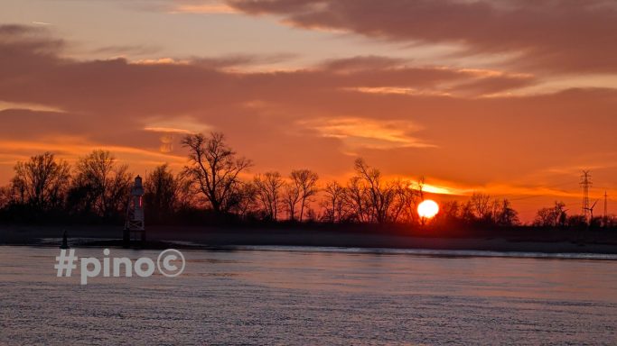 Sonnenuntergang über einem ruhigen Gewässer mit silhouettierten Bäumen im Hintergrund.