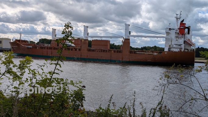 Frachtschiff auf einem Fluss, umgeben von Bäumen und bewölktem Himmel.