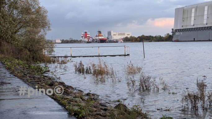 Überflutete Uferlandschaft mit hohem Wasserstand und Sicht auf Schiffe im Hintergrund.